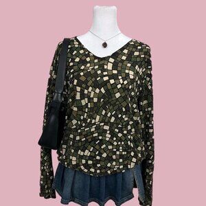 vintage 90s green brown mosaic glitter plus size quirky boho stretchy long sleev